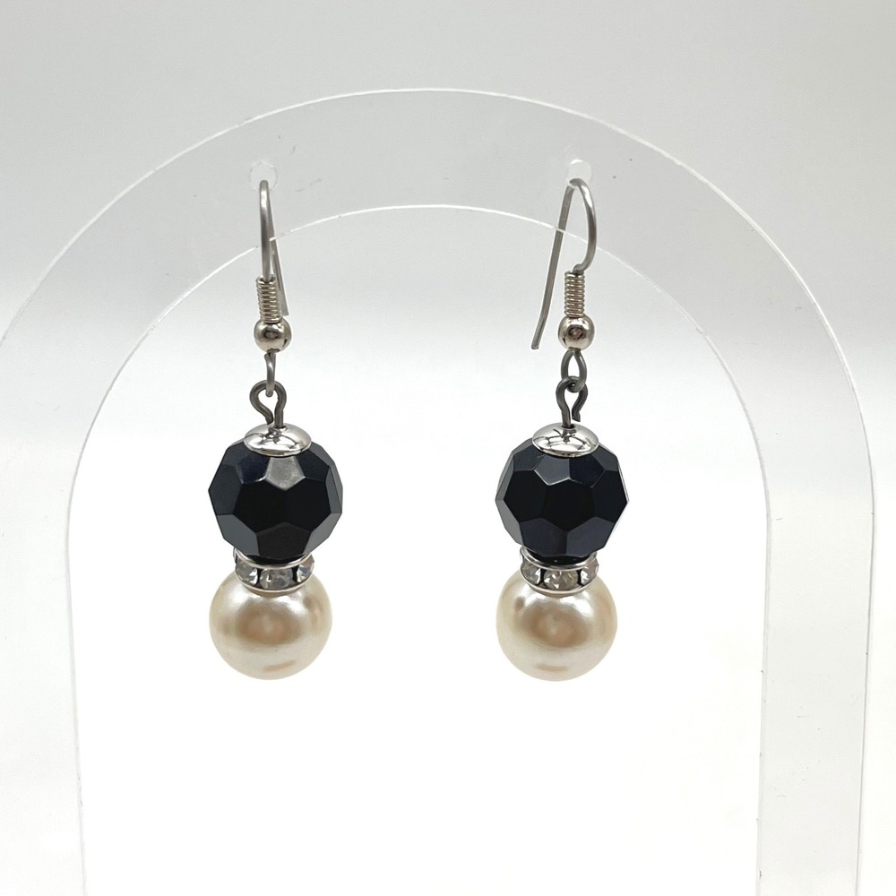 Black Faceted Bead and‎ Faux Pearl Drop Earrings Silver Tone Crystal Accents